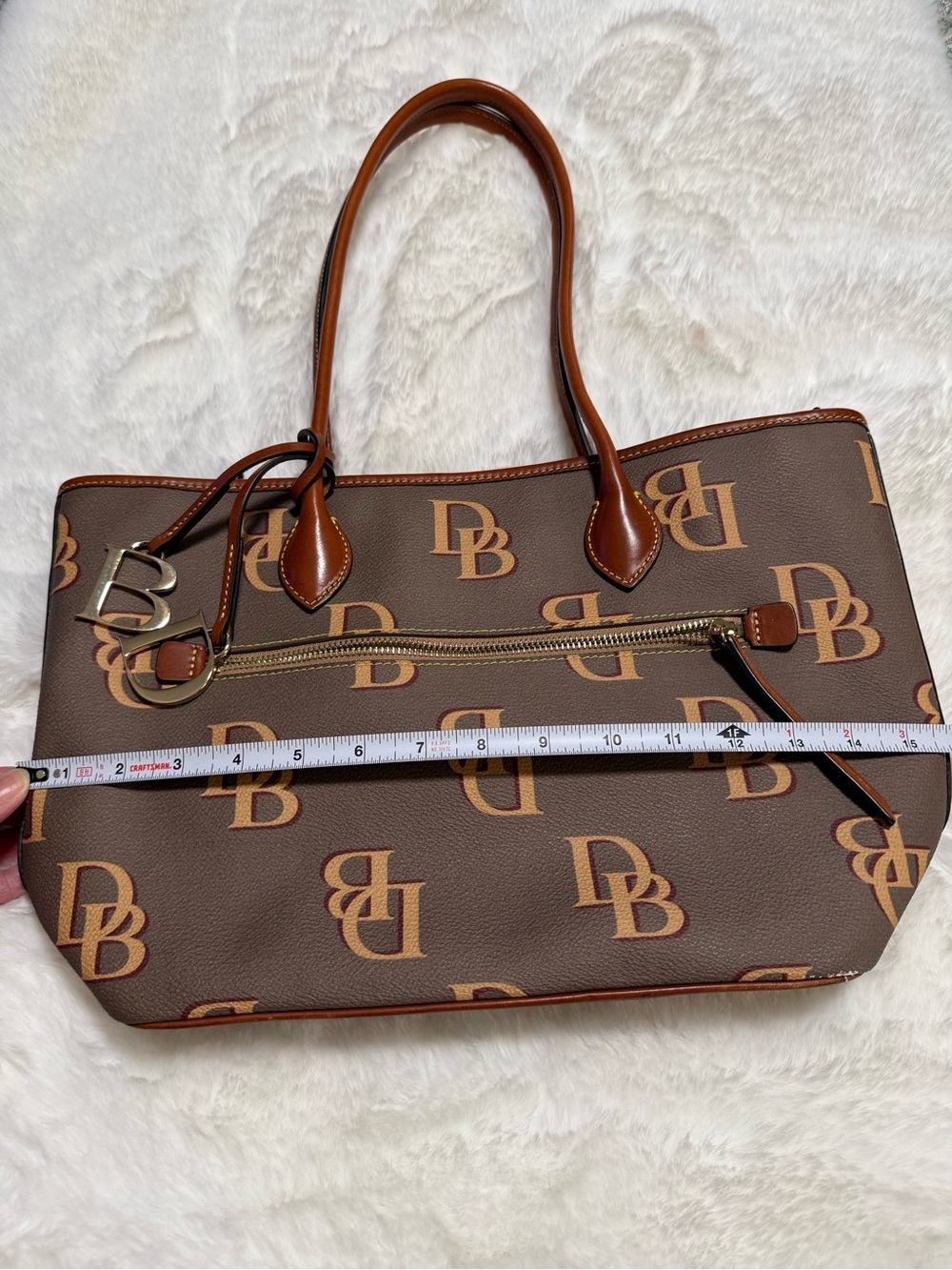 Dooney and Bourke  Monogram Taupe Yellow Tote Bag with Tan Trim - Picture 2 of 10